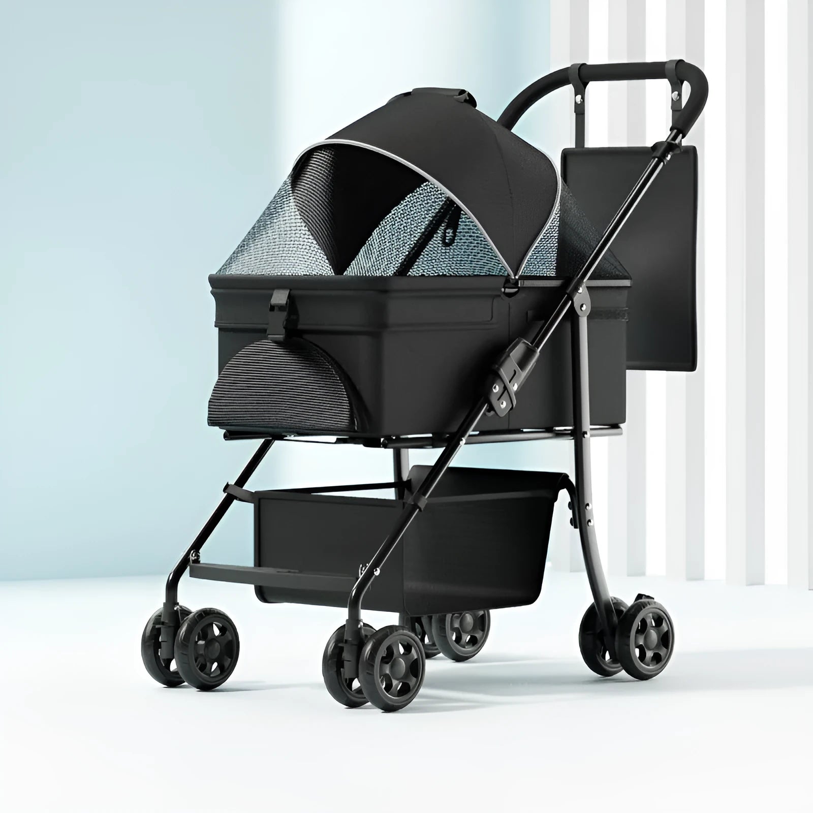 One-click folding large capacity pet cart in black warrior basic style with metal frame, collapsed for storage