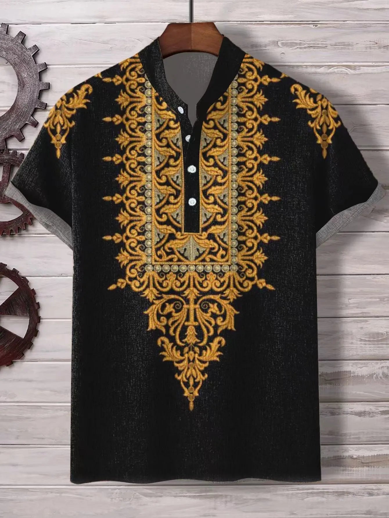 Men's striped casual shirt with button detail on a loose linen-style polyester fabric.