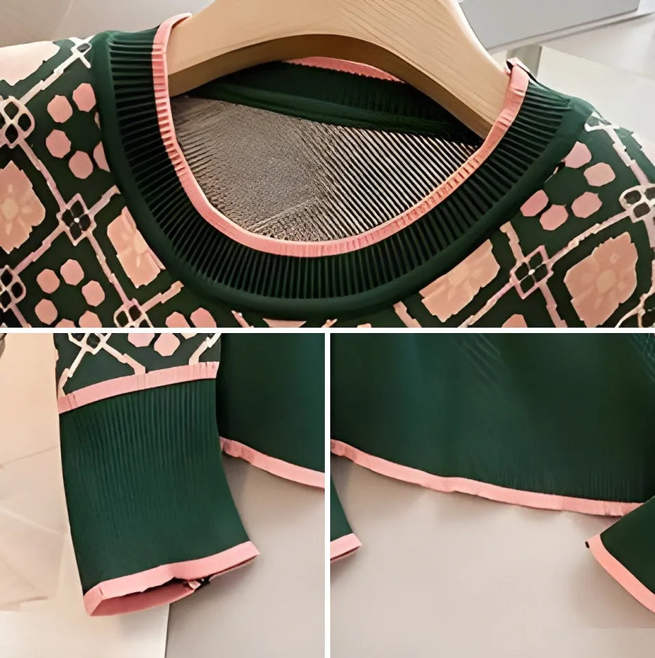 Women's green printed sweater with loose fit and regular sleeves shown on a model