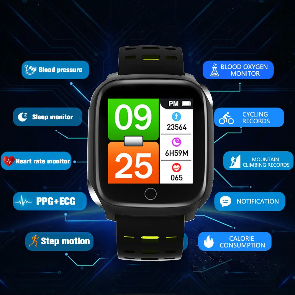 F16 smart watch with ECG monitor showing black green silicone wristband and touch screen display