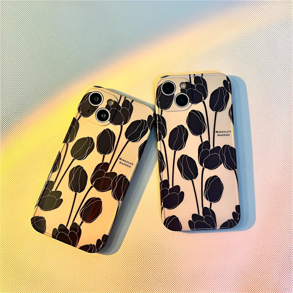 Black tulip silicone phone case back cover for iPhone 13 12 11 XR XS X