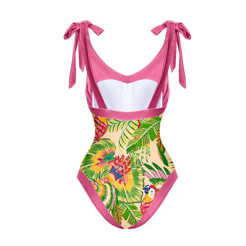 Retro pink floral print one-piece swimsuit for women with V-neck, tummy control and attached skirt