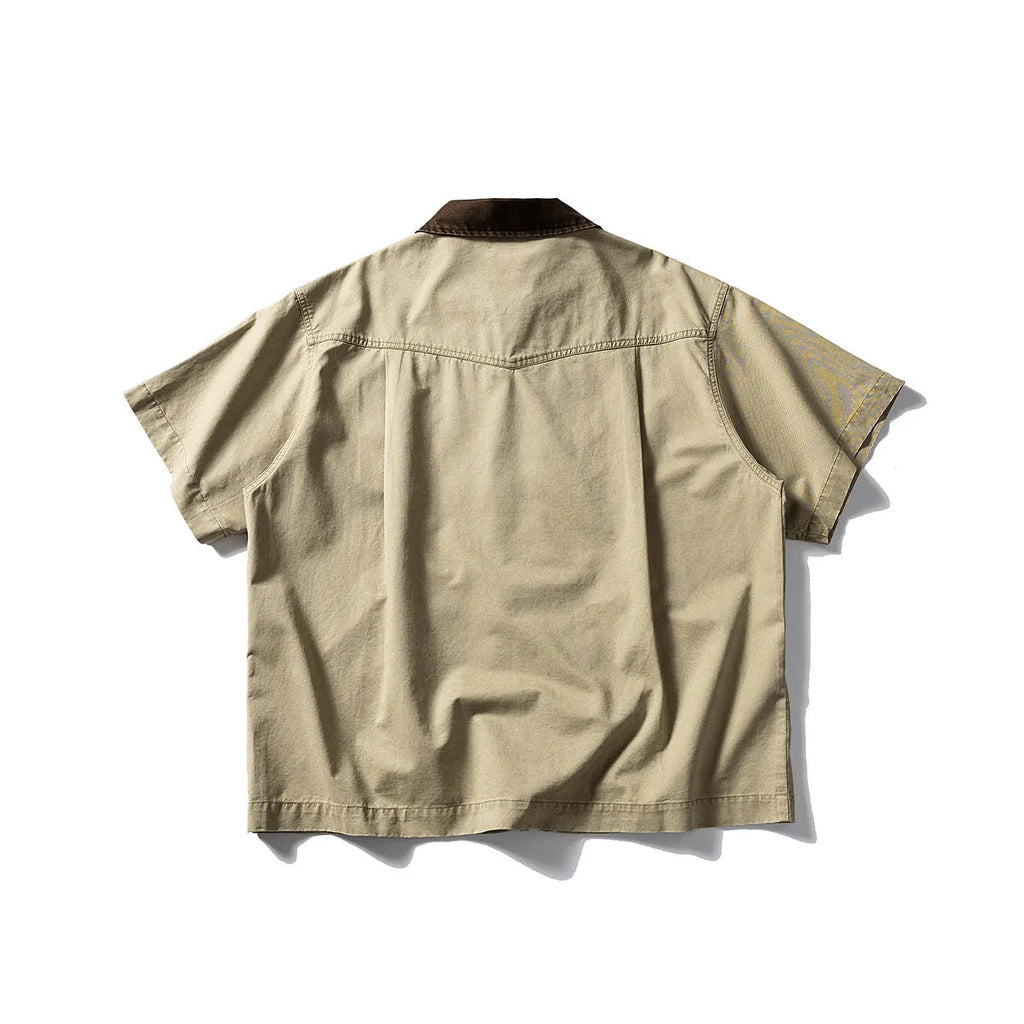 Washed overalls short sleeve cardigan shirt in loose fit cotton, khaki or grey colour