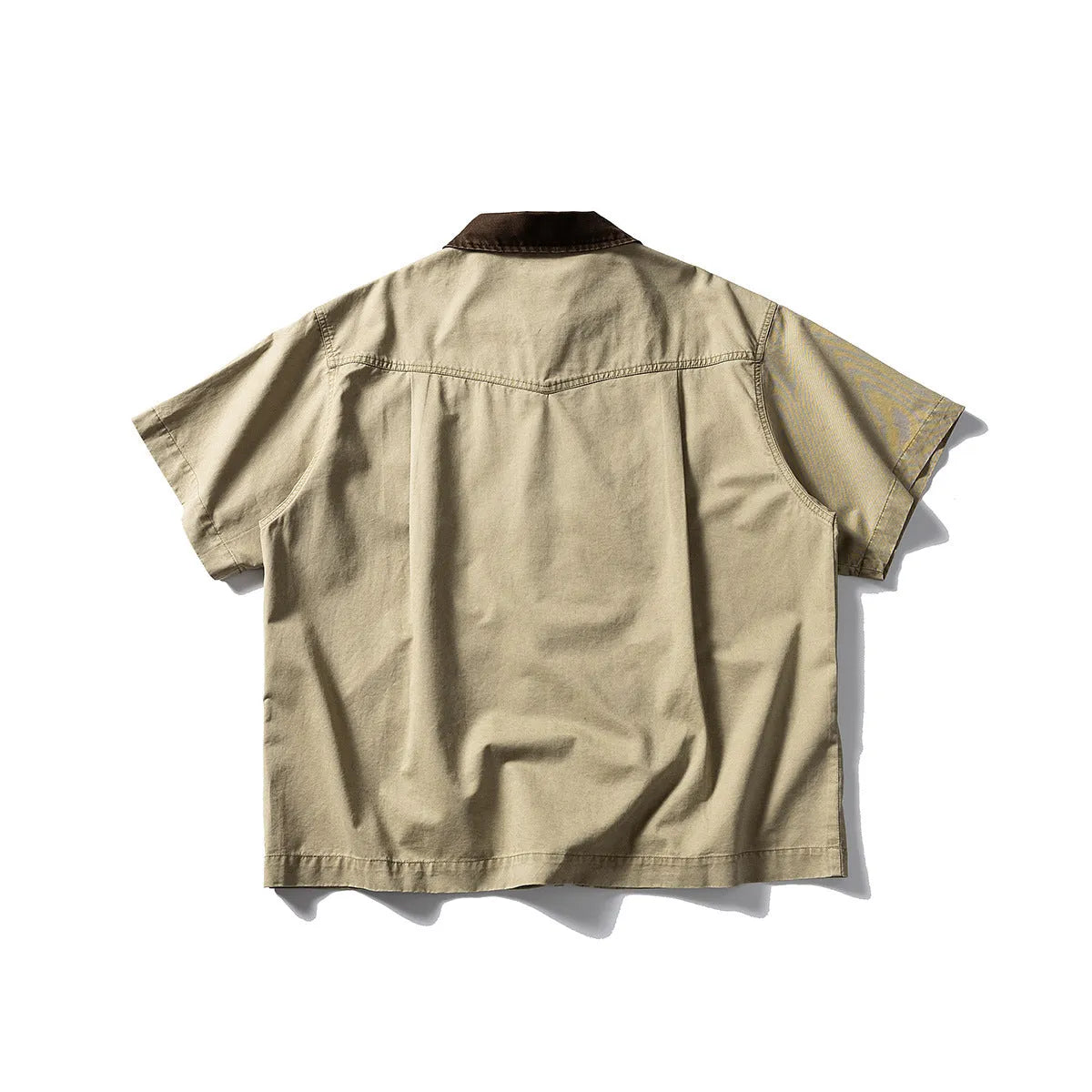 Washed overalls short sleeve cardigan shirt in loose fit cotton, khaki or grey colour