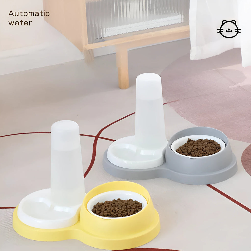 Pet double feeding bowl in gray with PP non-slip base and neck protection design