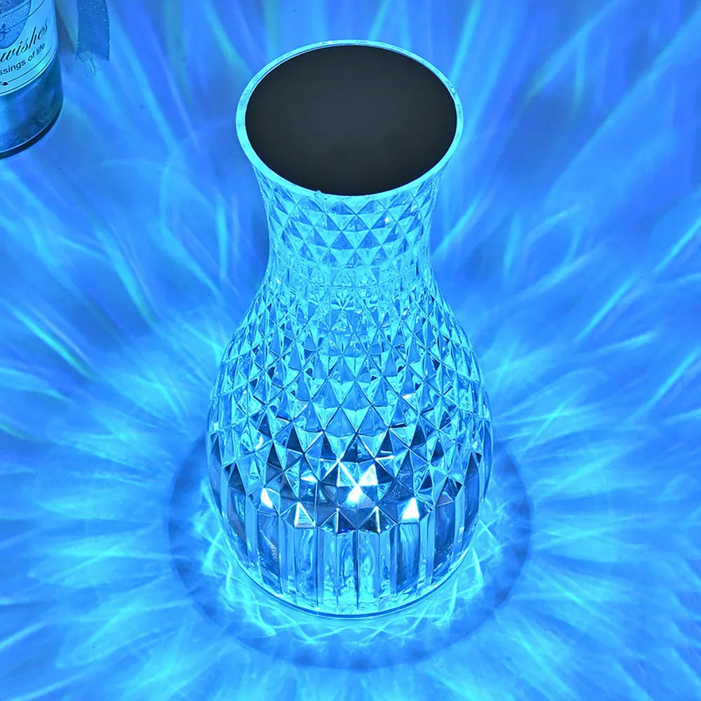 Vase shape crystal table lamp with diamond-like light effect on bedside table, touch dimmable USB rechargeable LED