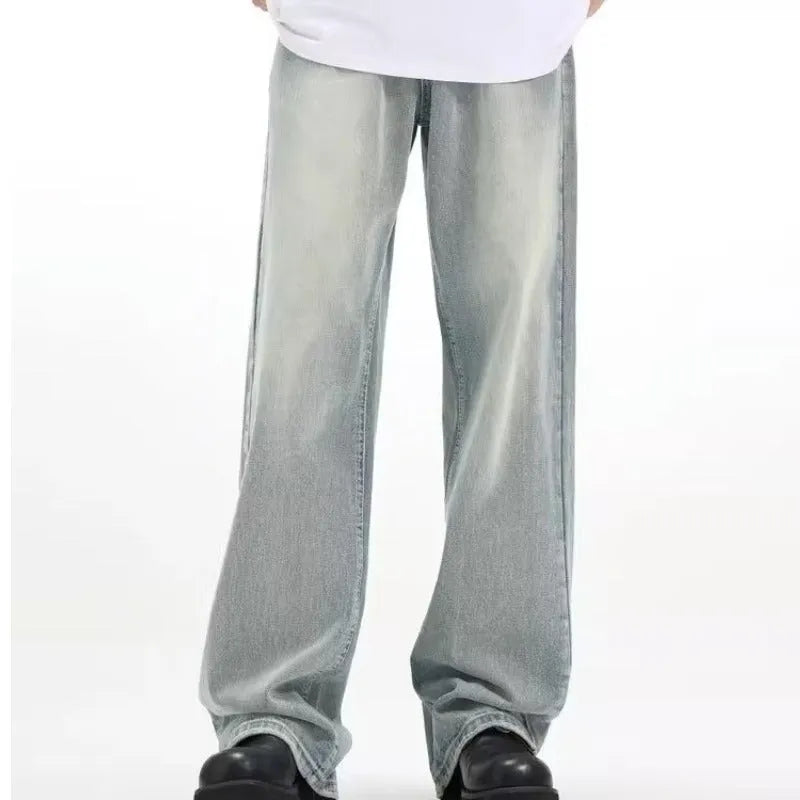 Blue retro trousers with loose casual fit and elastic waistband made from rabbit fur fabric