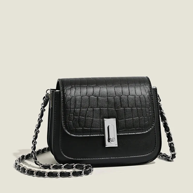 Women's black PU leather shoulder bag with chain strap showing internal phone pocket