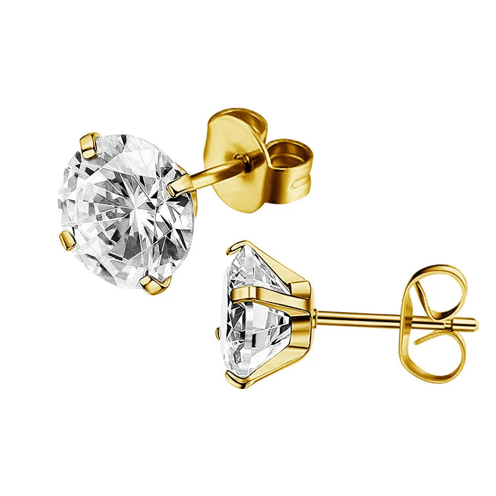 Square geometric stainless steel stud earrings with round zircon stone in gold or steel colour on a white background.