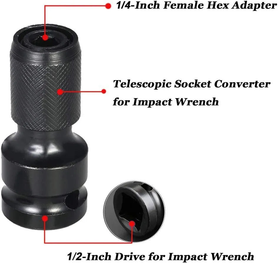 Telescopic bit holder with hexagonal handle for electric wrenches showing extended sleeve and bit retention mechanism