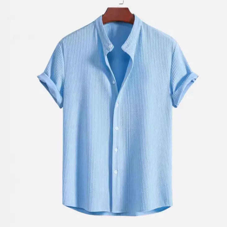 Men's loose short sleeve shirt in polyester available in multiple colours including wine red and dark green.