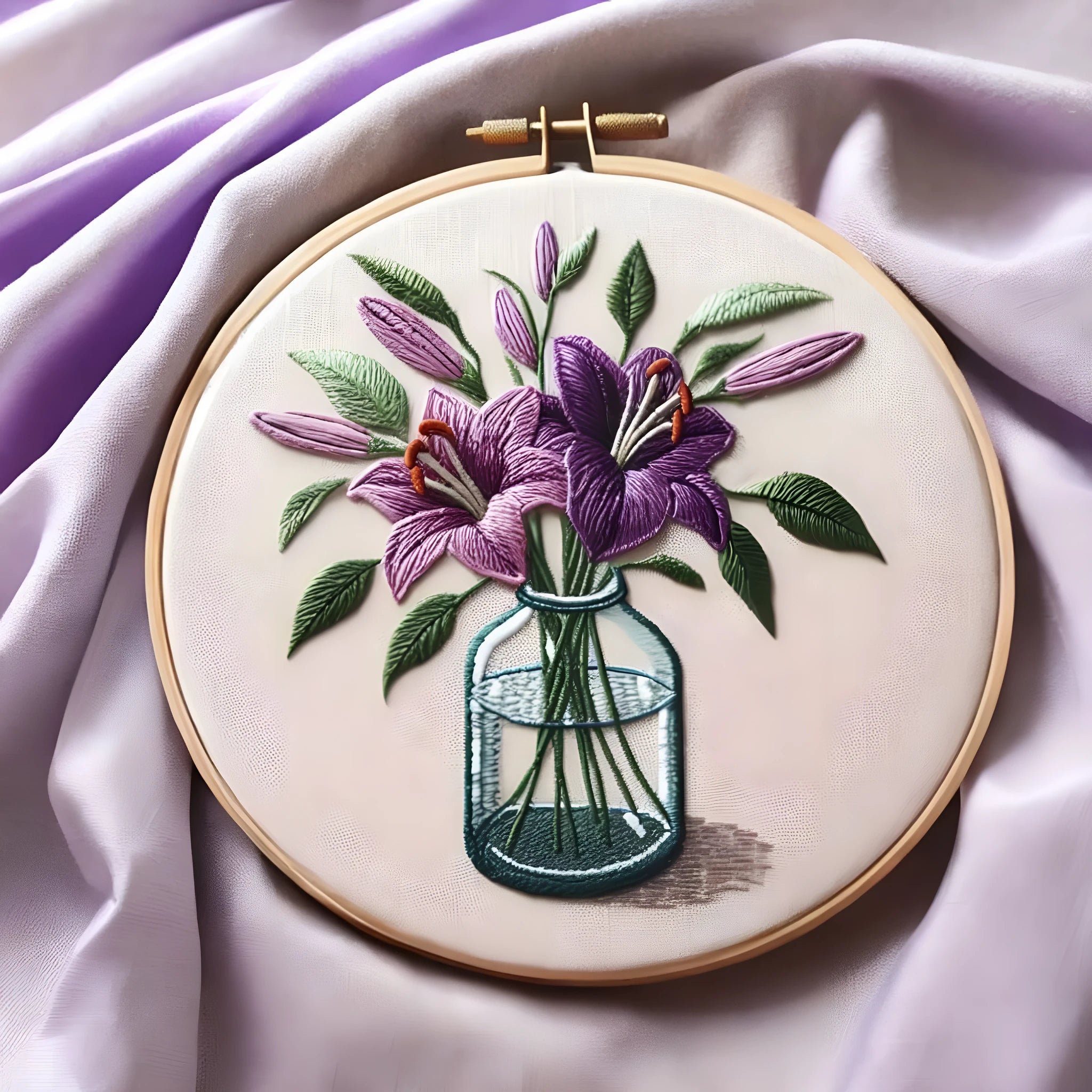 Purple lily flower embroidery pattern on 28x28cm cotton and linen cloth with imitation bamboo frame stand