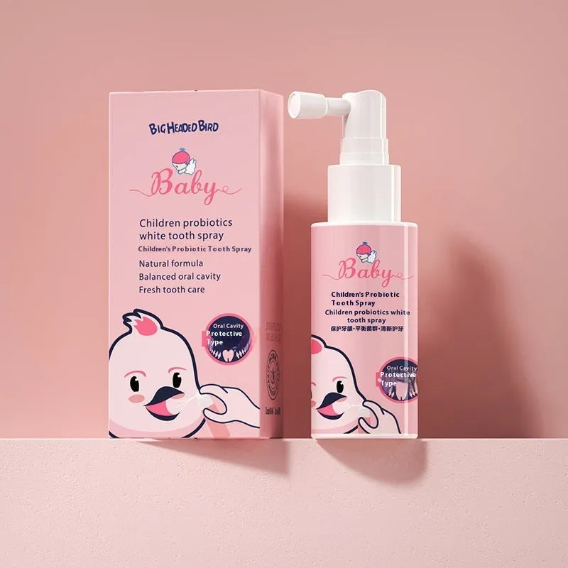 Children's probiotic oral spray bottle for teeth cleaning in strawberry and orange flavours