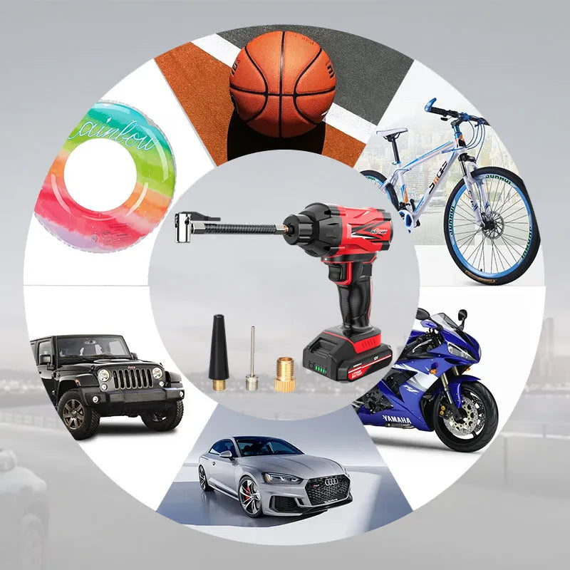 Red and black portable car air pump with digital display, power cable, and set of inflation nozzles.