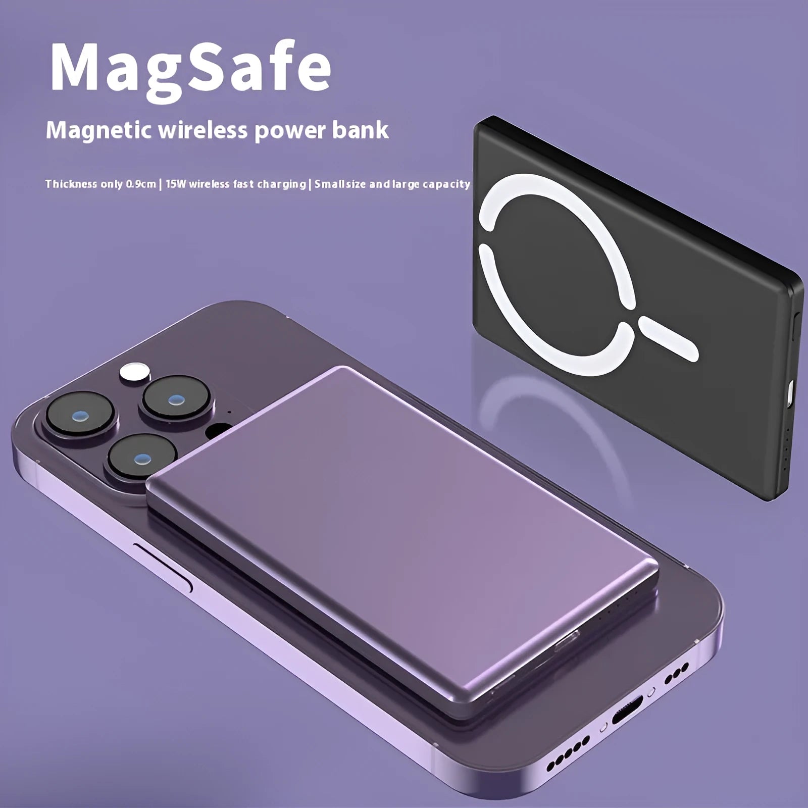 Ultra-thin magnetic power bank with alloy shell in dark grey colour showing compact dimensions