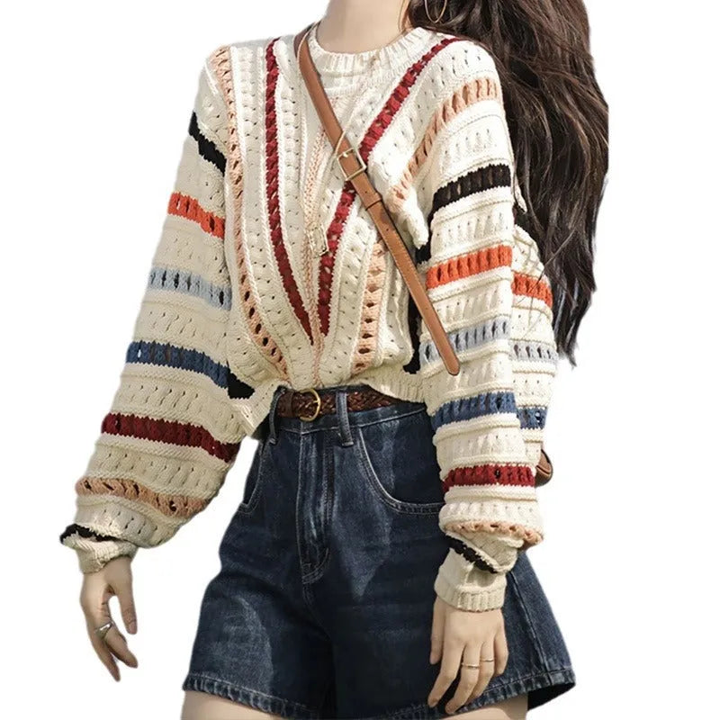 Rainbow striped batwing sleeve sweater with hollow knit construction in loose fit