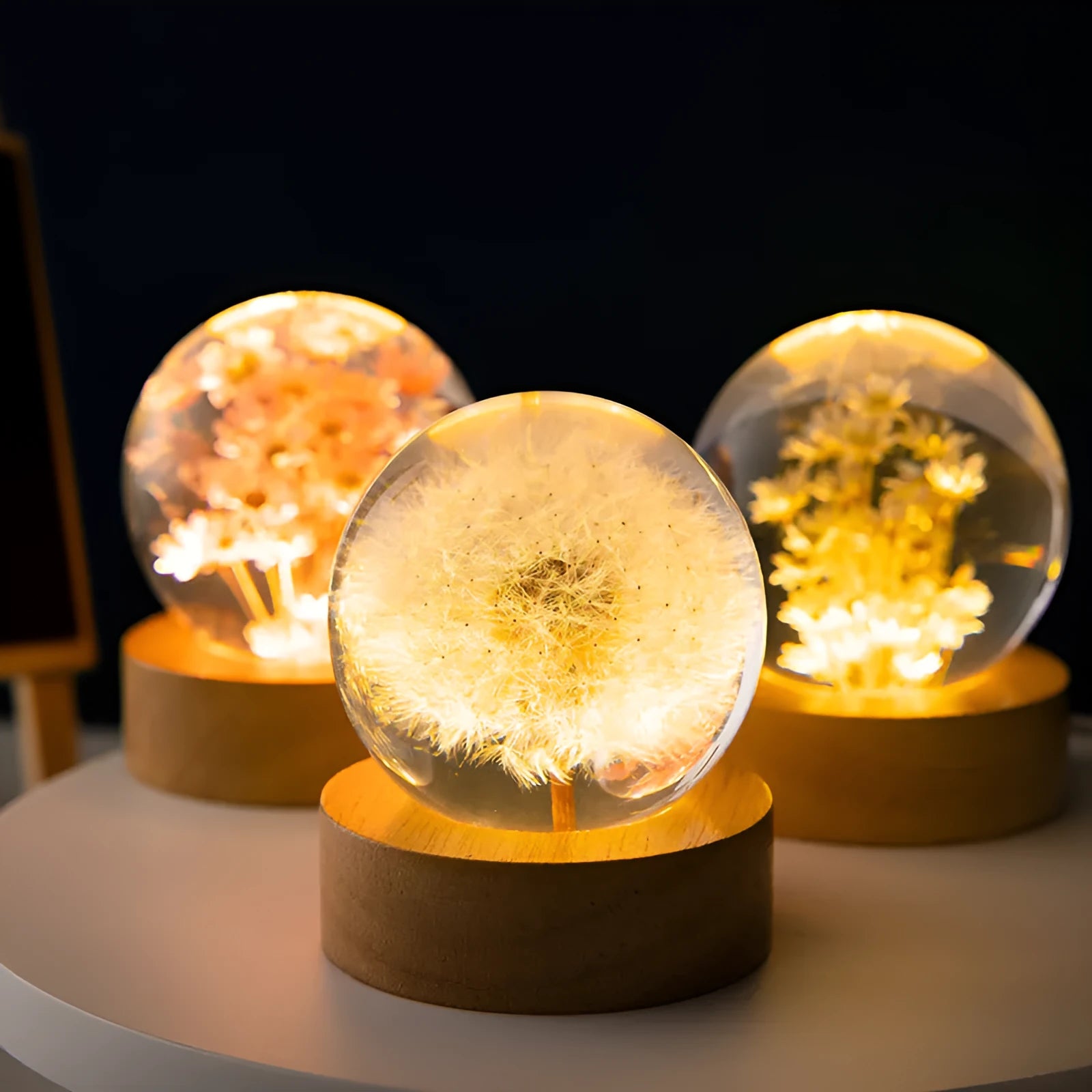 60mm dandelion crystal ball night light with beech wood base and preserved flowers inside transparent resin sphere