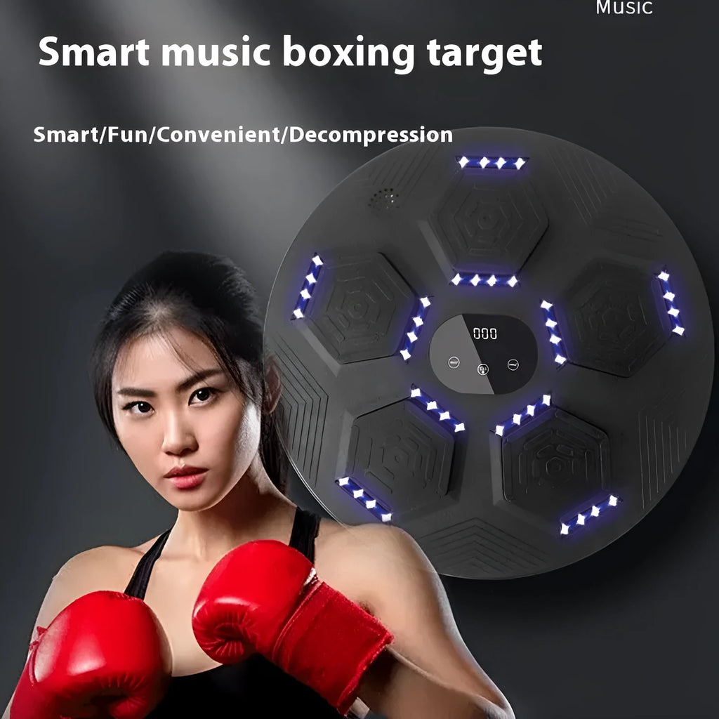 Smart music boxing machine hanging on wall with black PU surface and gloves