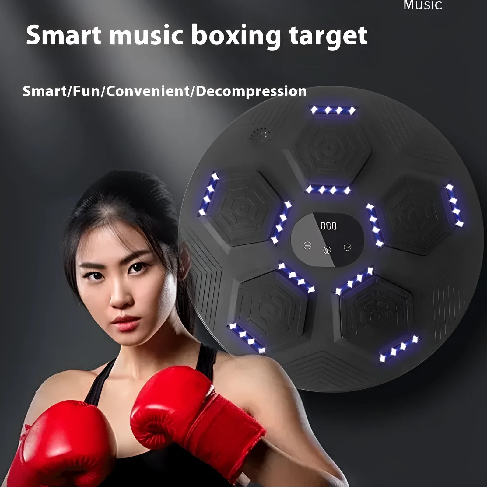 Smart music boxing machine hanging on wall with black PU surface and gloves