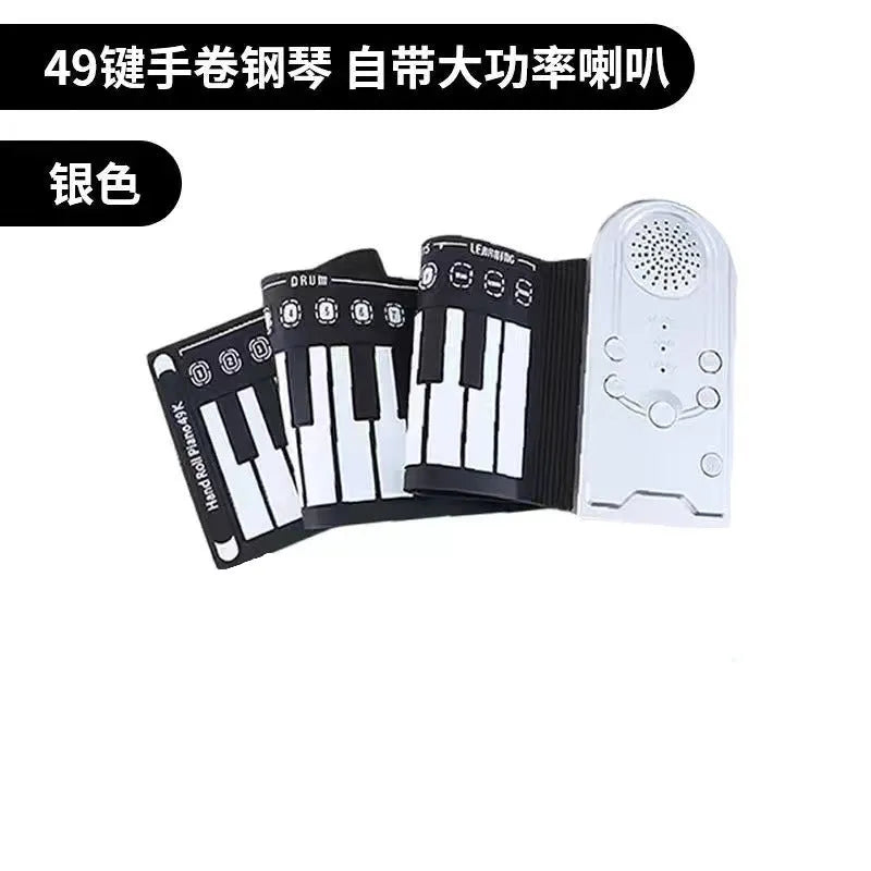 49-key folding portable electronic keyboard in gloss black, silver, or white, shown folded and unfolded.