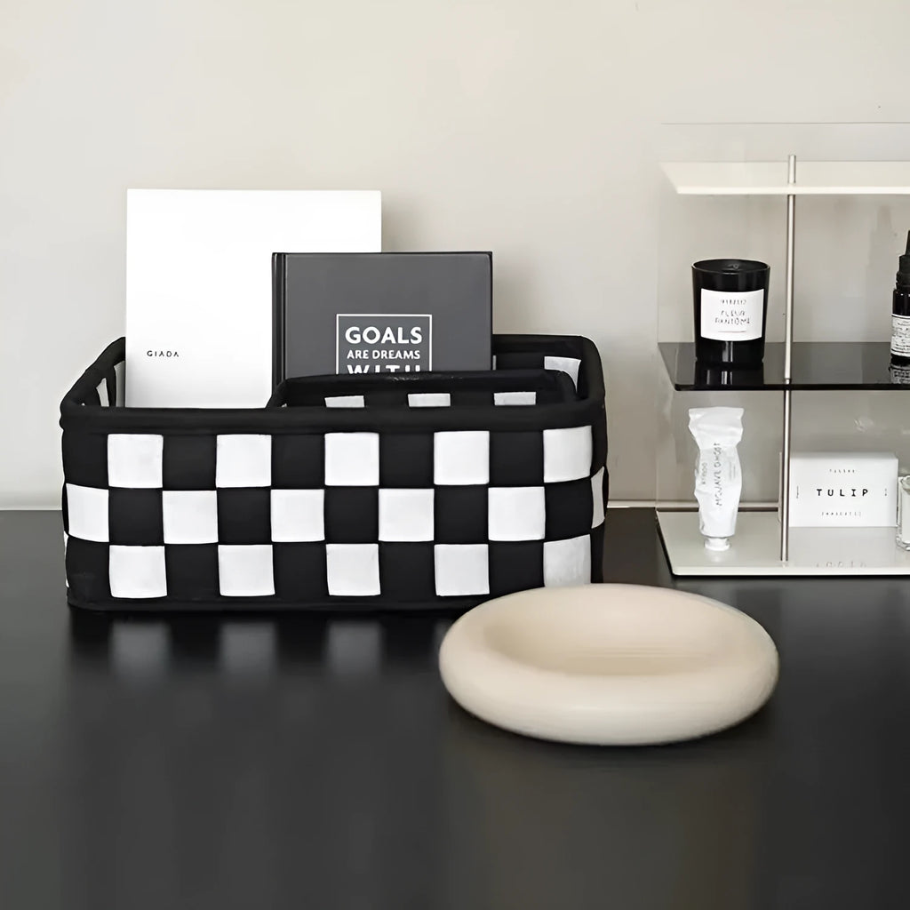 Checkerboard pattern grey and black felt storage basket with dimensions 37x29x19.5cm