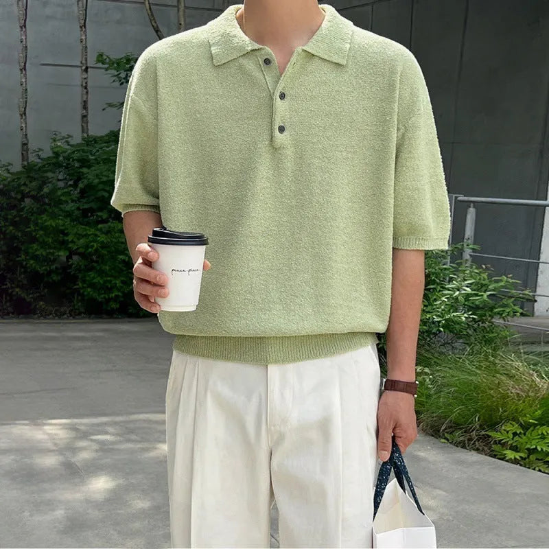 Men's caramel coloured retro knitted polo shirt with asymmetric design detail and short sleeves