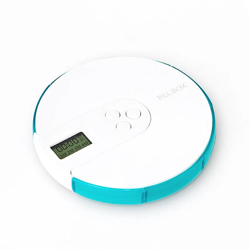 7-compartment alarm clock pill dispenser showing eight colour options with 11cm square dimensions