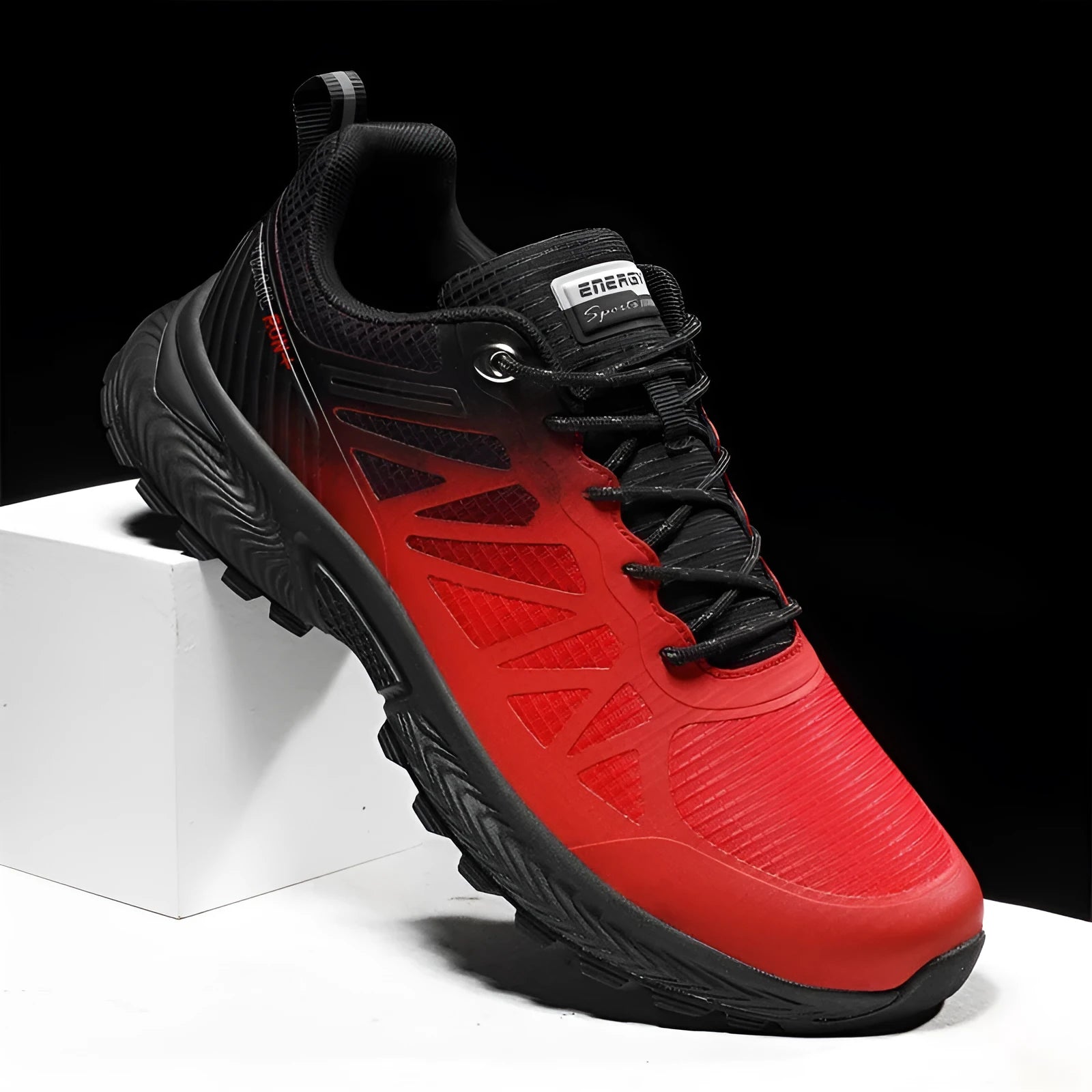 Men's black mesh outdoor running shoes with lace-up front and rubber sole, shown in size 45.
