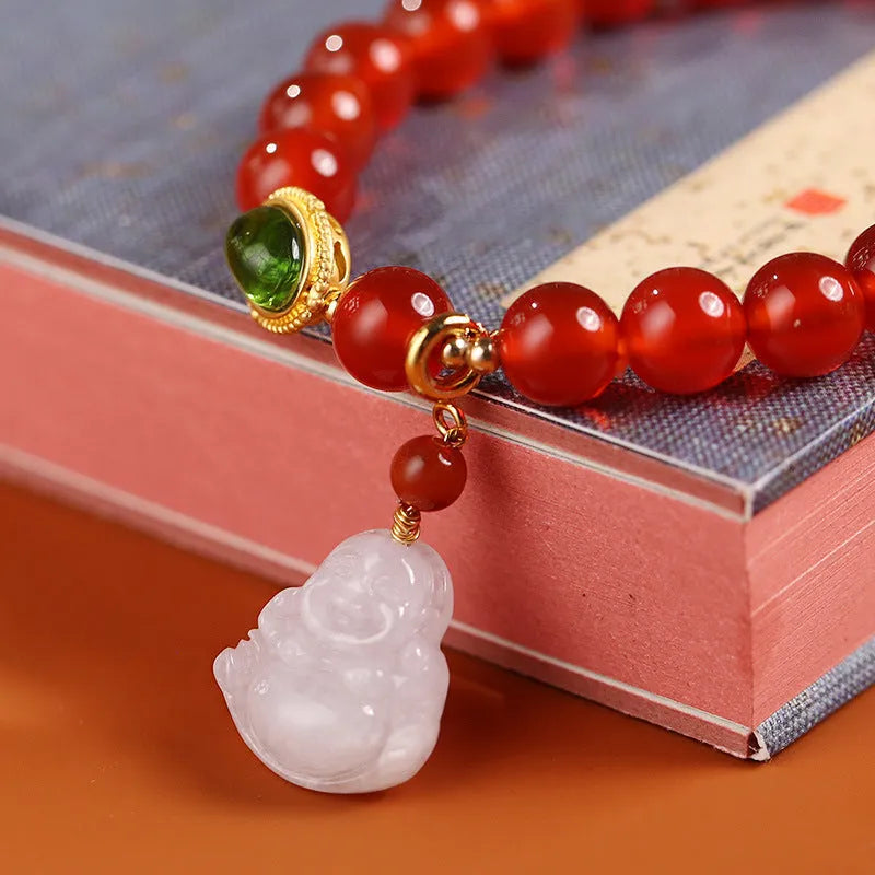 Natural agate bracelet with red agate beads and hanging jade Maitreya Buddha pendant in ancient gold tone