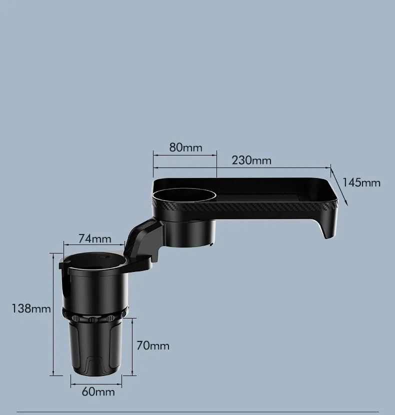 Black ABS plastic car-mounted rotating dinner tray holder attached to vehicle cup holder
