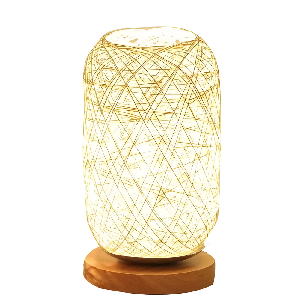 Sepak Takraw ball design desk lamp made from brown hemp rope with LED light and wooden base
