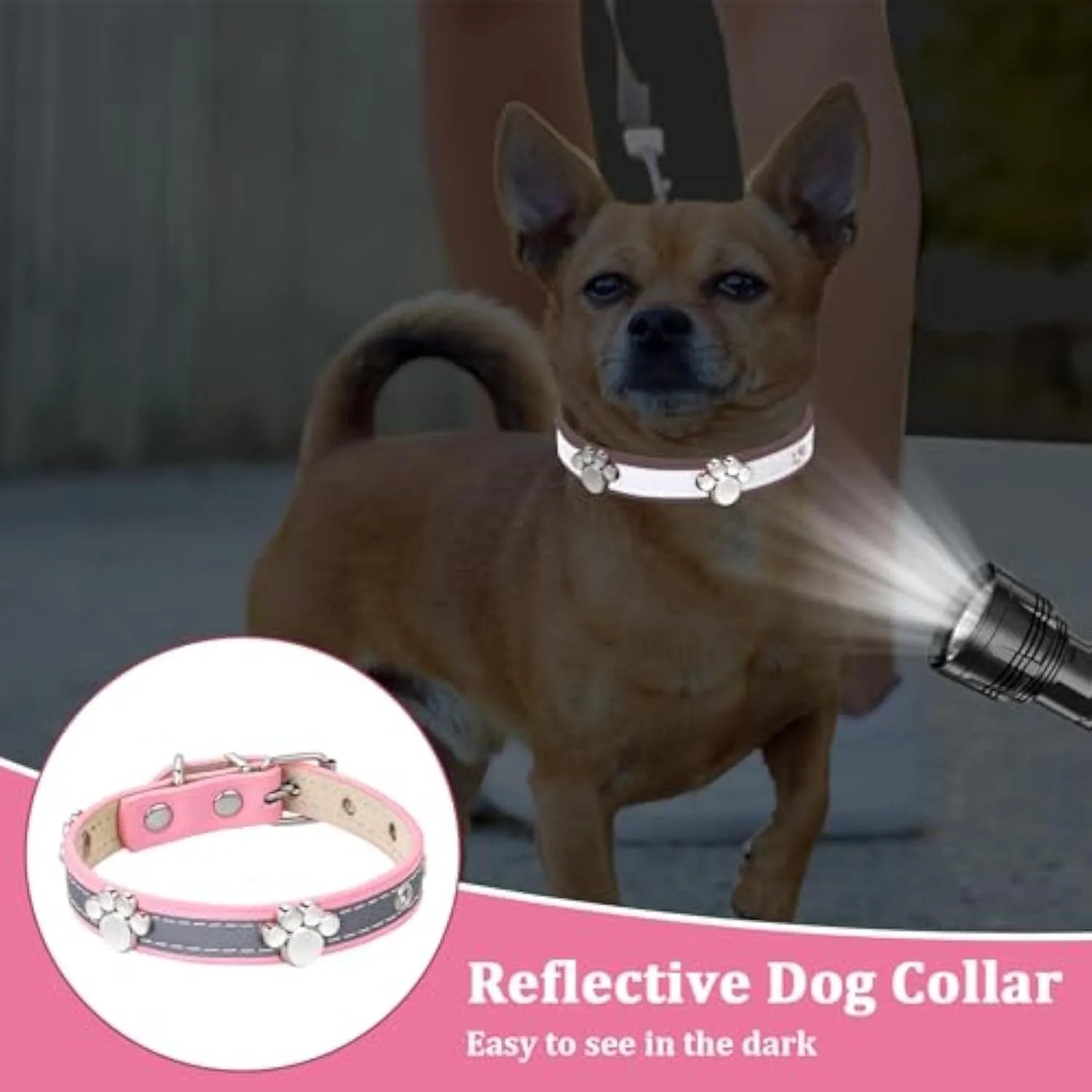 Reflective adjustable PU leather dog collar with metal paw rivet, shown in size L for medium dogs.