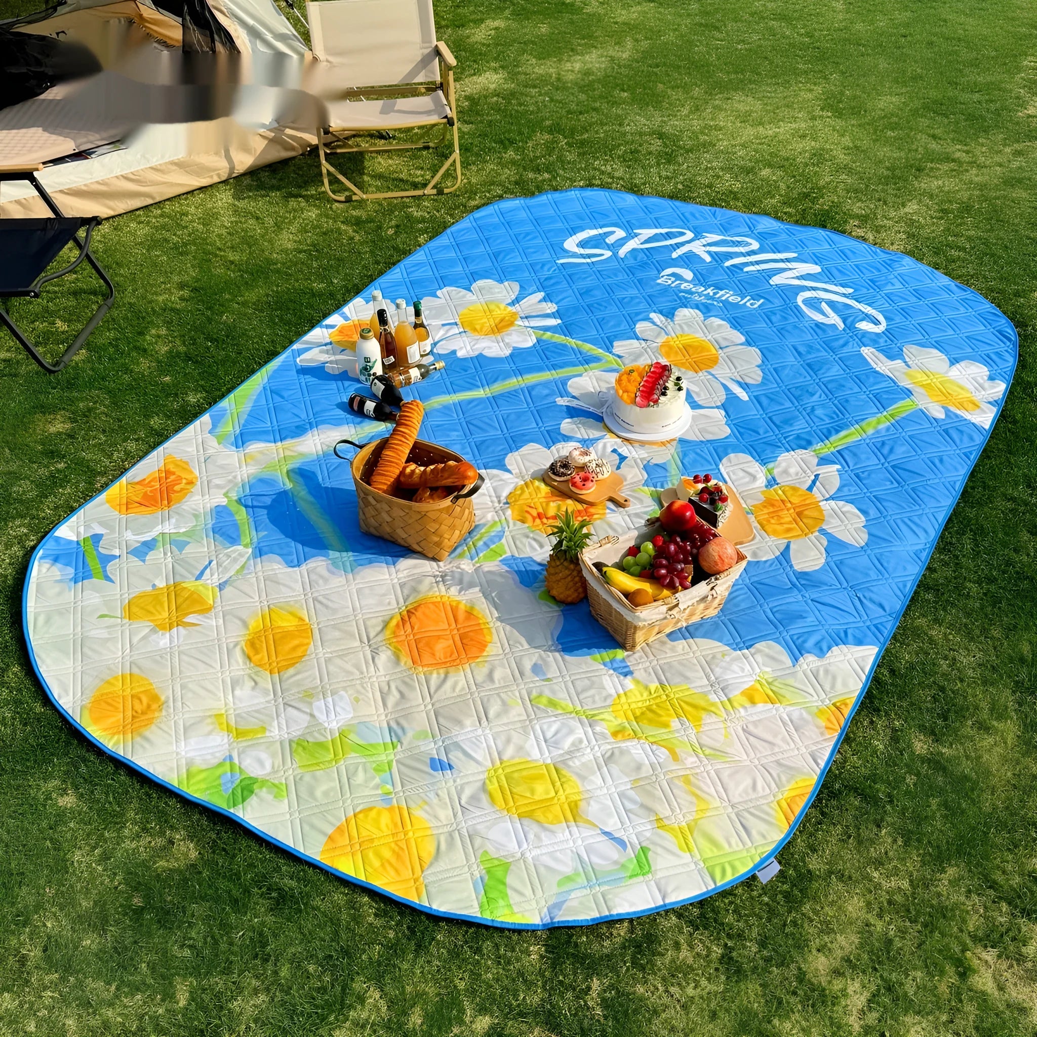 Waterproof ultrasonic thickening picnic mat in Four Seasons Series colours on grass