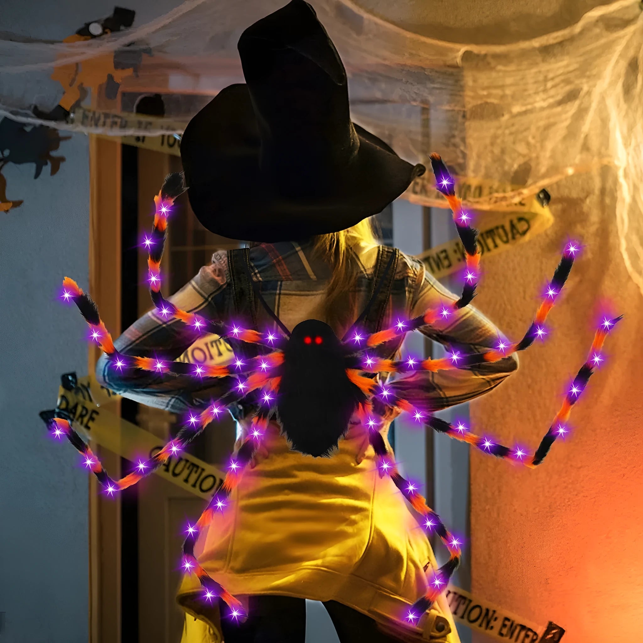 Halloween spider backpack with LED lights in plush sugar bag material showing colour options