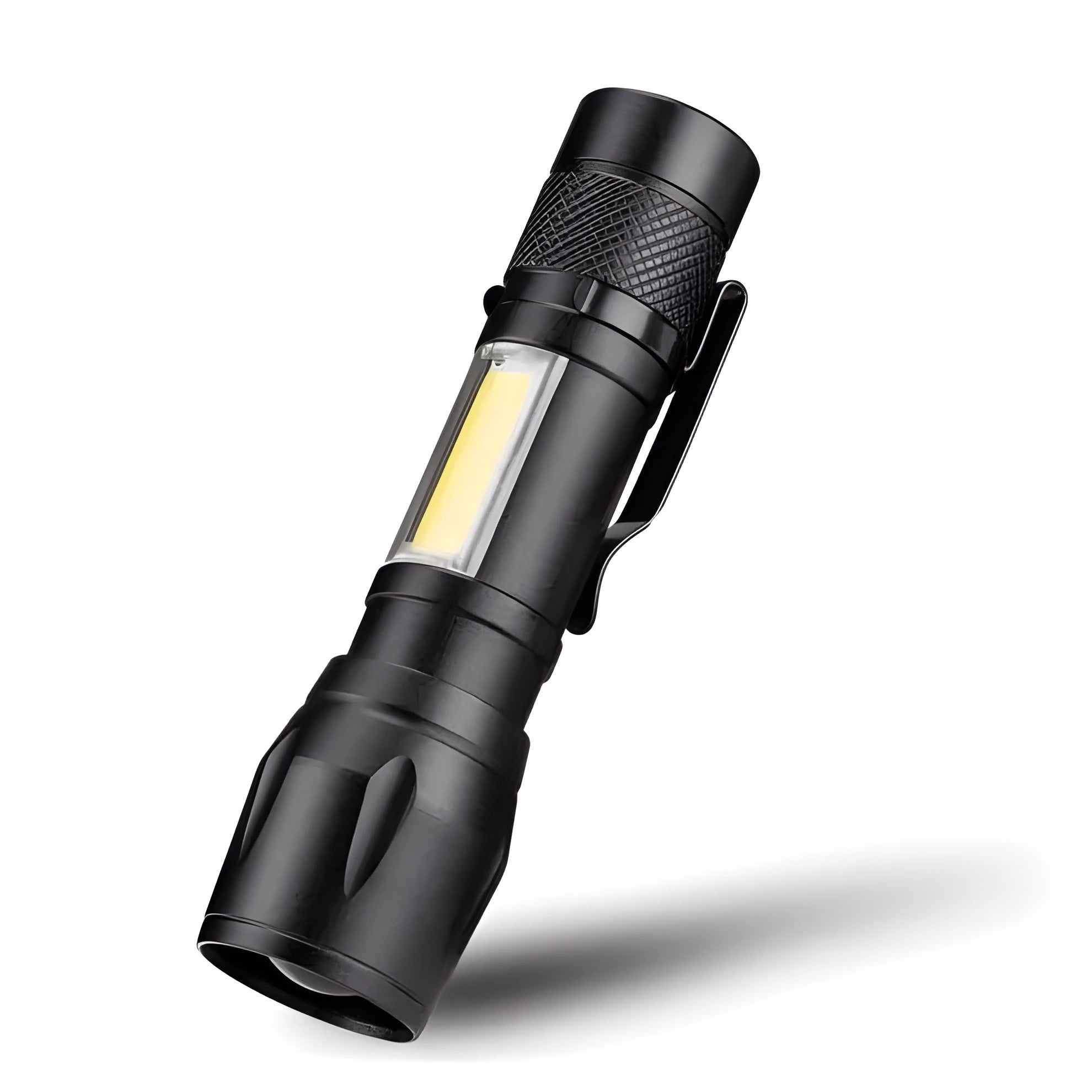 Small black aluminium alloy telescopic LED flashlight with adjustable focus and a pocket clip.