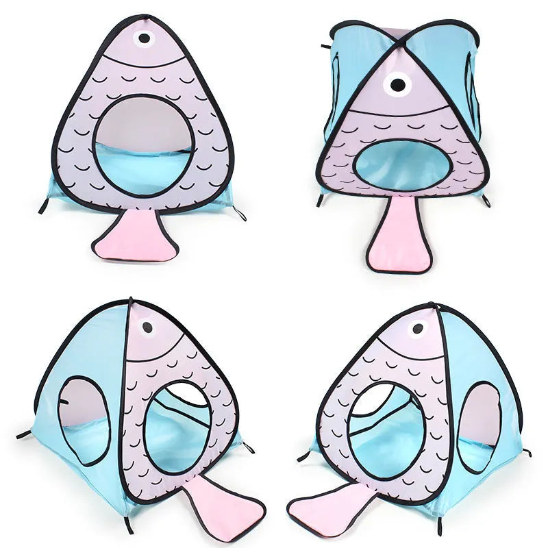 Foldable cat tent and tunnel toy set with colourful cat fish pattern design