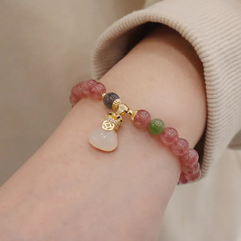 Natural strawberry quartz geometric bracelet with peace buckle and lucky Bagg elements for women