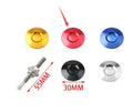 30mm aluminium alloy vehicle cover lock in silver, black, gold, blue, and red colours next to a 55mm mounting screw.