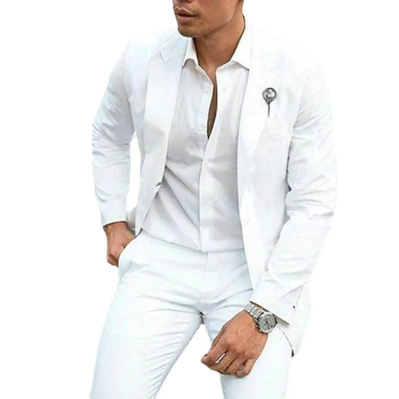 Men's white slim fit two-piece wedding suit jacket and trousers on a hanger.