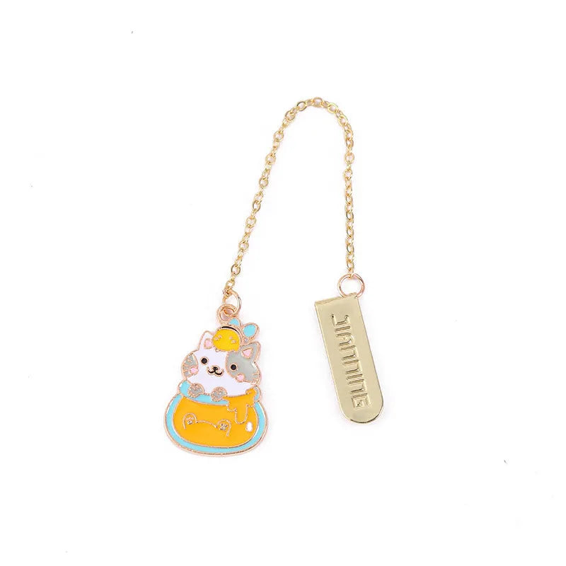 Jane Key Foodie Cute Pet Cat metal pendant bookmark with laminated card, four design options shown.