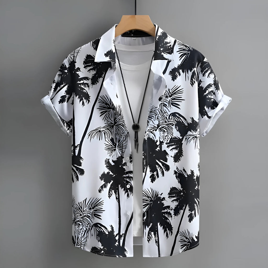 Hawaiian men's 3D printed short-sleeved cardigan shirt in green and blue tropical pattern, front view