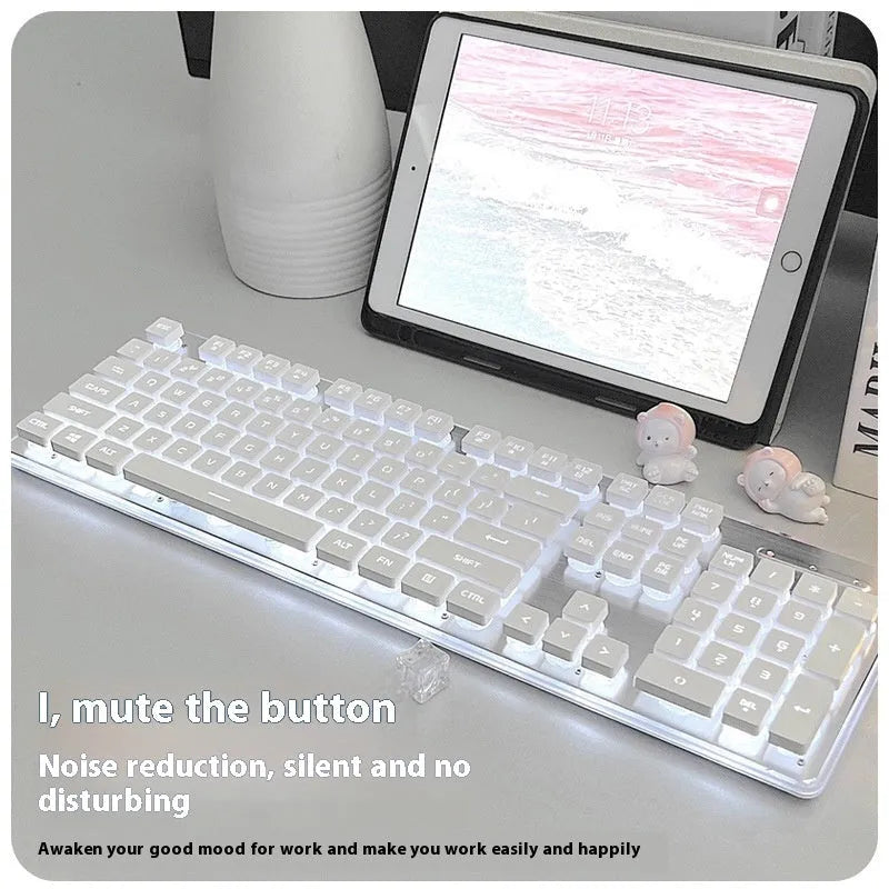 Wired mute mechanical keyboard with LED backlighting in multiple colour options including white, silver, and black variants
