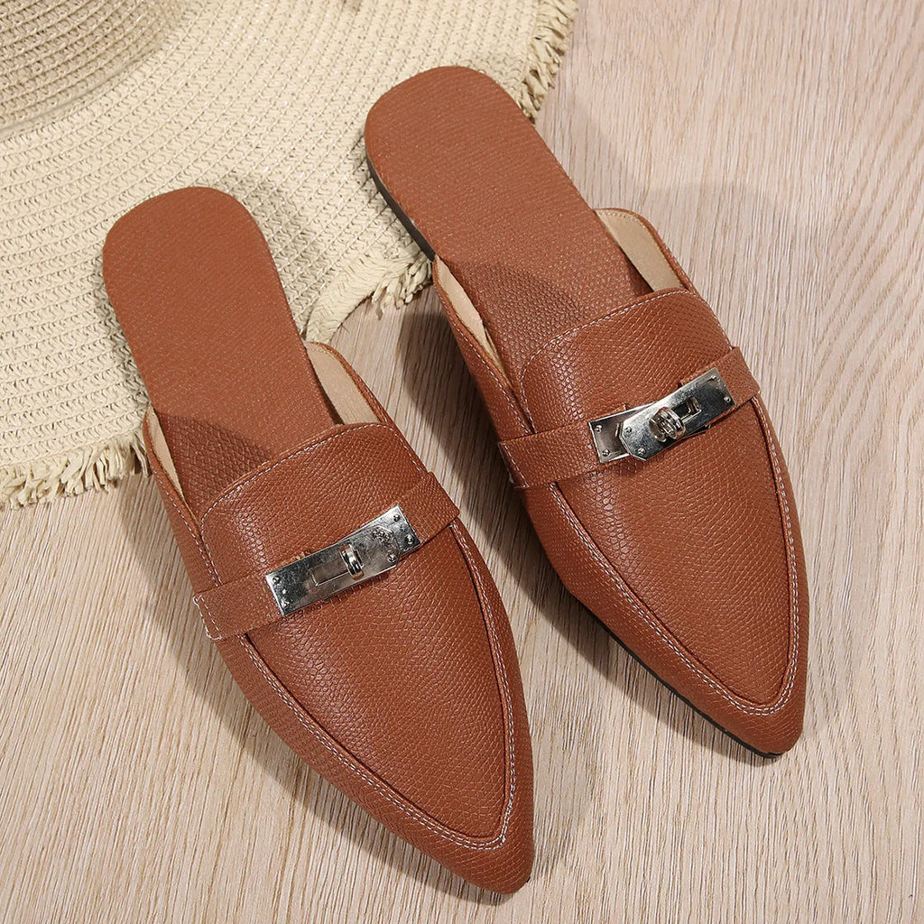 Light brown women's pointed-toe low heel casual semi-slippers on a neutral background