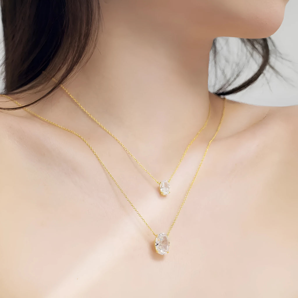 S925 sterling silver necklace with oval ice flower geometric pendant in platinum or gold finish