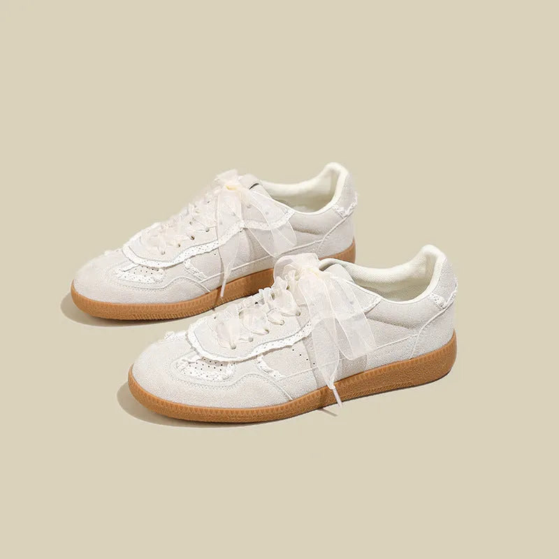 Women's Korean-style ugly-cute training shoes in gray solid colour, low top, front lace-up, natural rubber sole