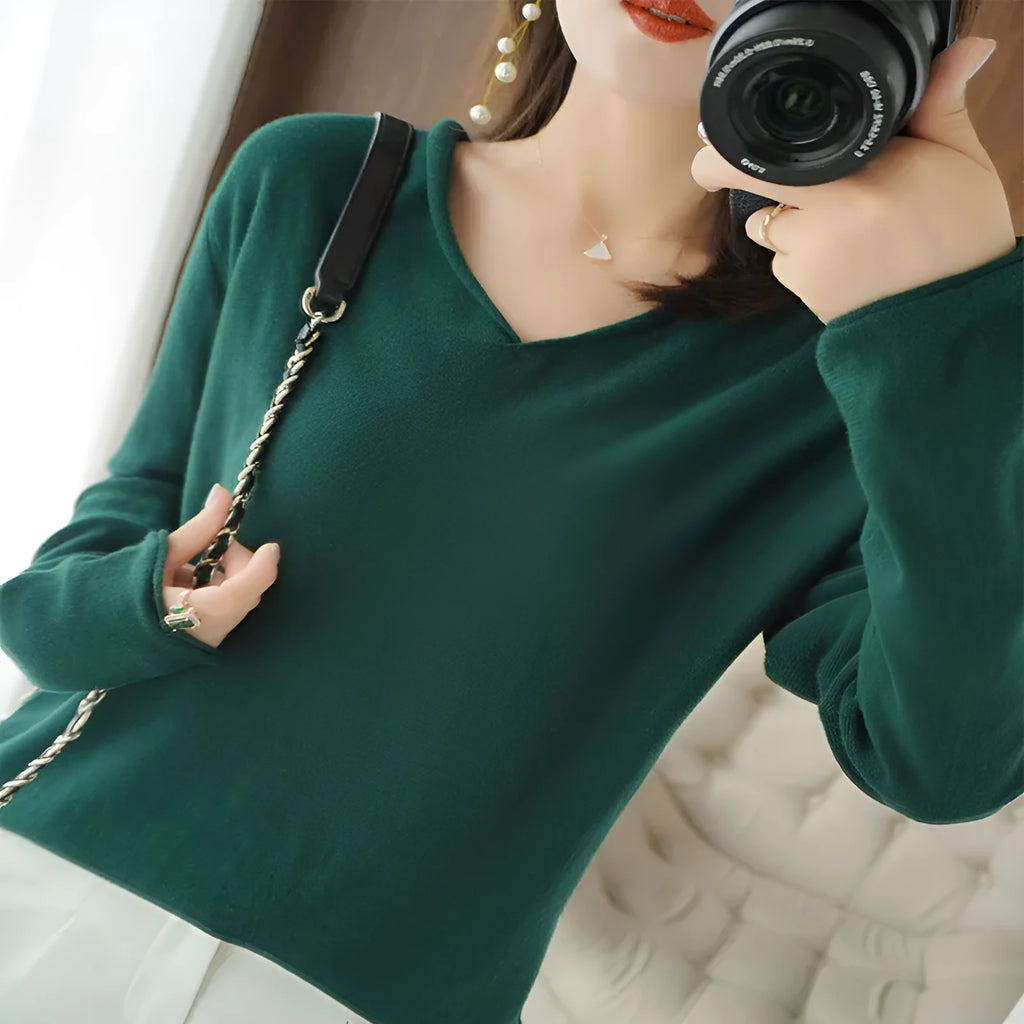 Women's V-neck long sleeve knitwear top in turmeric colour, pullover style, non-iron fabric