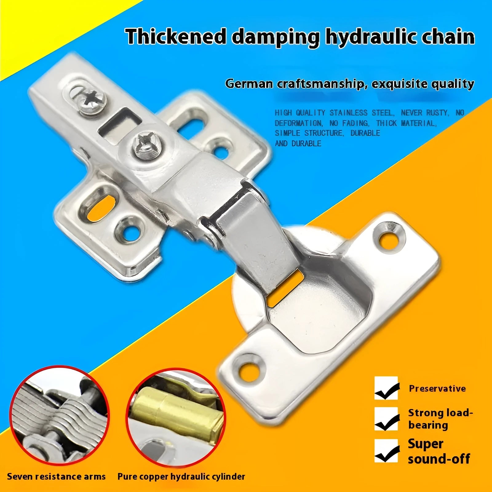 Hydraulic damping hinge for cabinets with nickel-plated finish and cold rolled steel construction