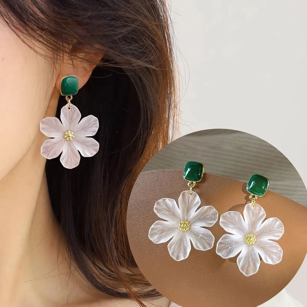 Dark green floral drop earrings with alloy construction and sterling silver fastening