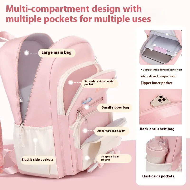 Girls waterproof school backpack in multiple colours with curved shoulder straps