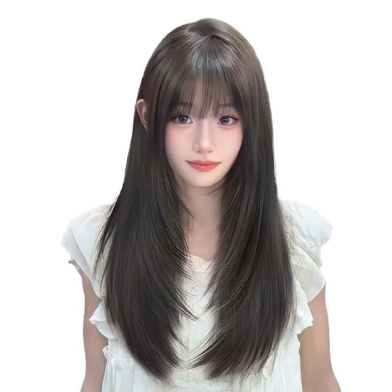 Black long straight high layered full-head wig for women with wear-free hair net